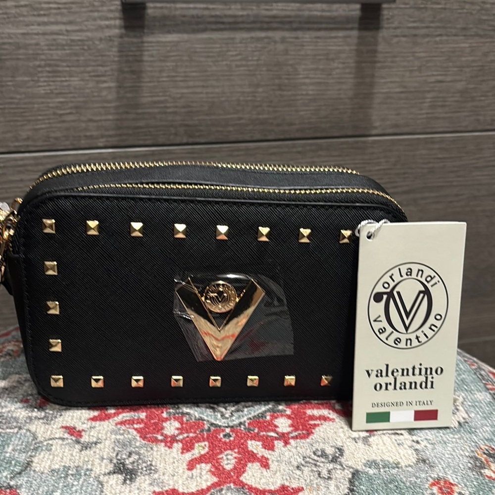 NWT - Valentino Orlandi Black Crossbody Camera Bag with Gold Studs